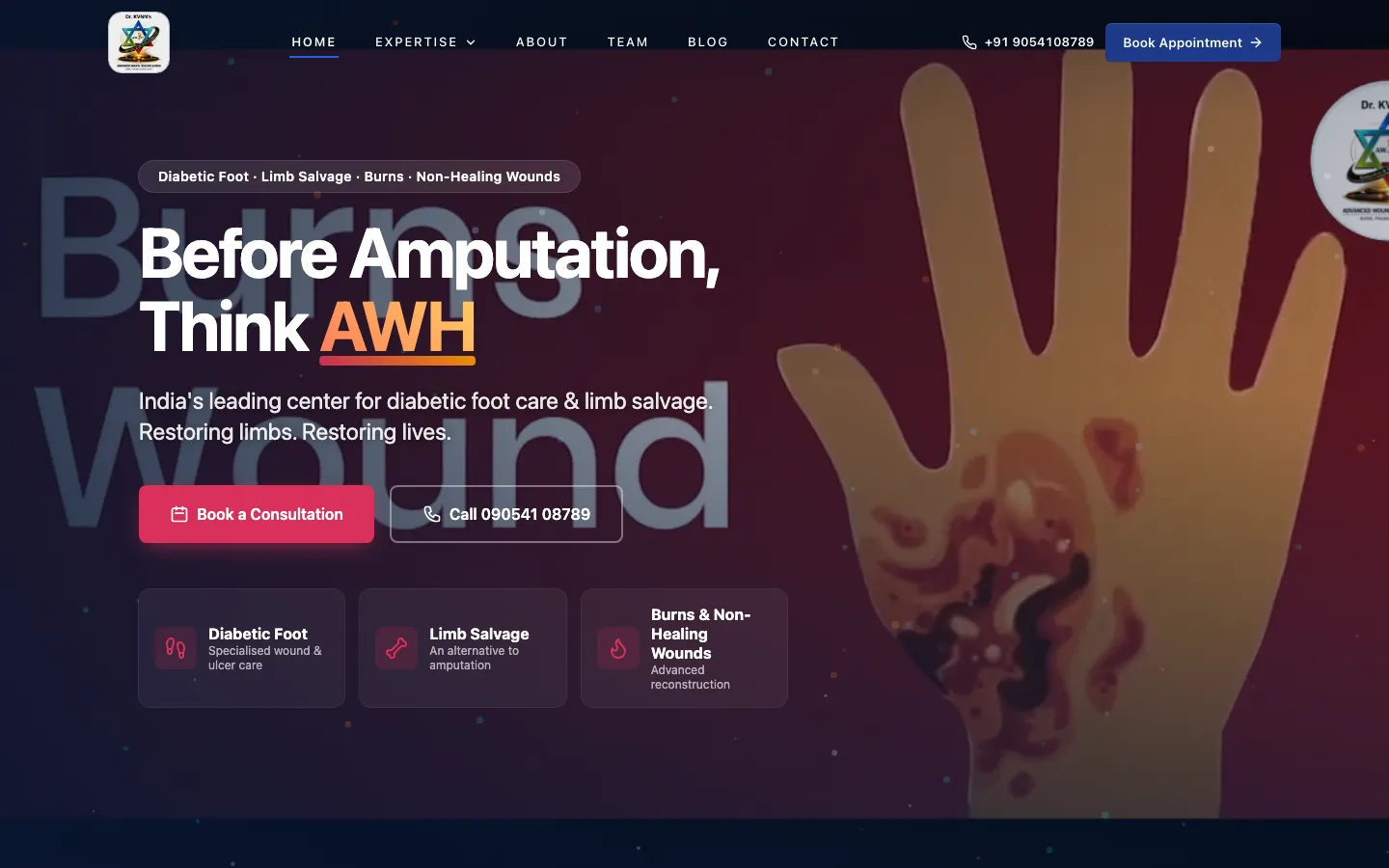 AWH Clinics homepage — dark hero reading "Before Amputation, Think AWH" with booking and expertise cards