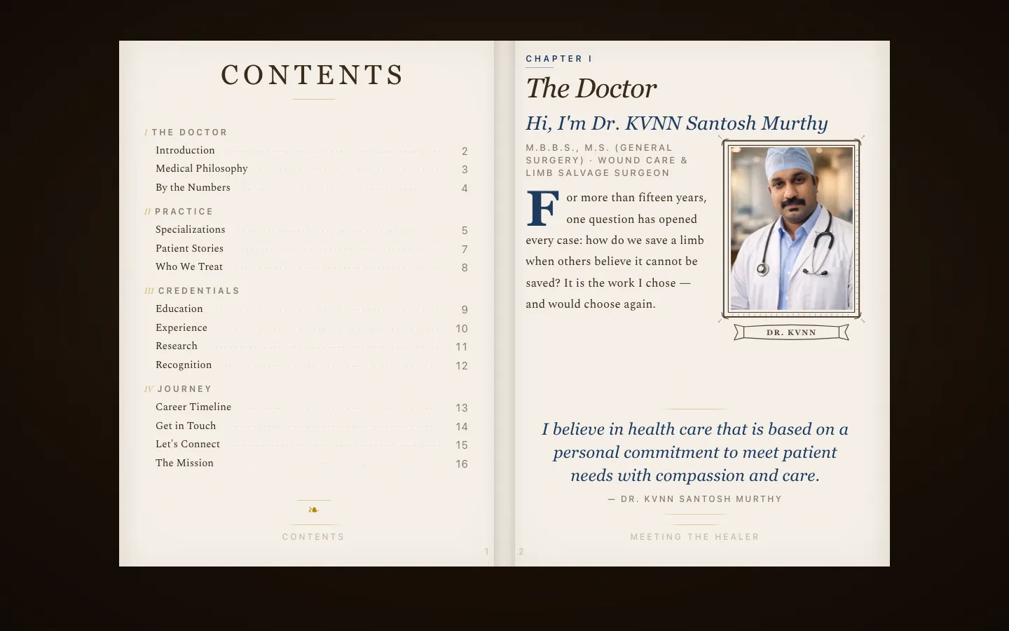 Dr. KVNN digital autobiography — an open book spread showing the contents page and Chapter I, The Doctor, with a framed portrait and pull quote